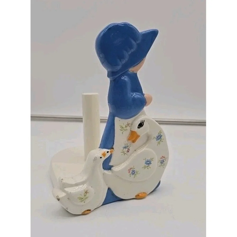 Vtg Cottagecore‎ Ceramic Duck Goose Paper Towel Roll Holder Stand Blue Bonnet